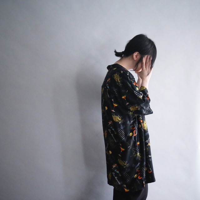 black base art cocktail pattern loose h/s shirt