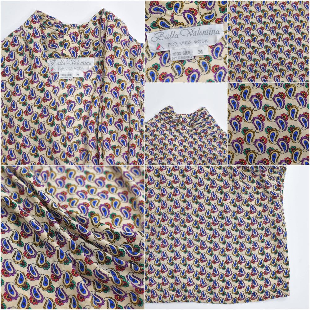 80～90s Balla Valentina バラバレンティナ ペイズリー柄 ドレープデザイン 半袖 シルク カシュクールブラウス ドルマンスリーブ マルチカラー ベージュ ヴィンテージ 絹 ビンテージ 古着 レディース Mサイズ 80～90s Balla Valentina バラバレンティナ ペイズリー柄 ドレープ