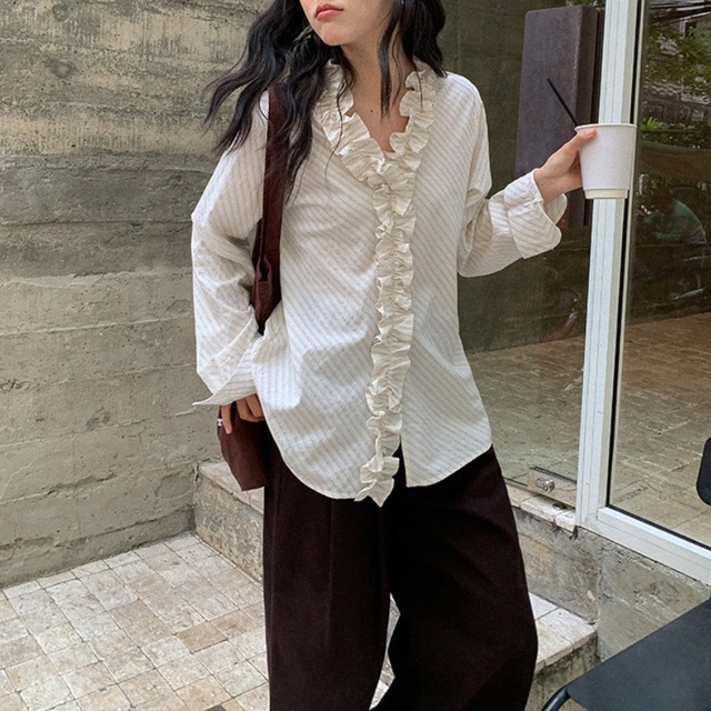 v-neck frill stripe shirt　J00506