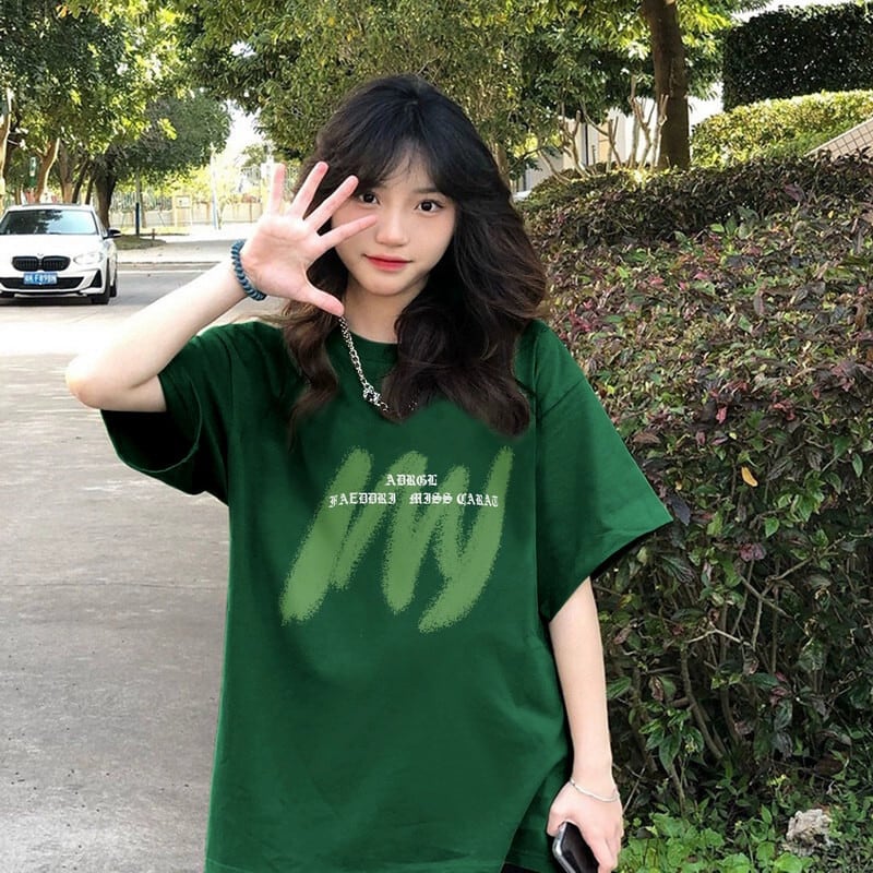 ダークグリーンコットン半袖Tシャツレディース夏のファッション