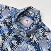 Mitsumine ミツミネ 総柄 リネン混 半袖シャツ サイズ LL /薄手/メンズ/ネイビーブルー系/麻混