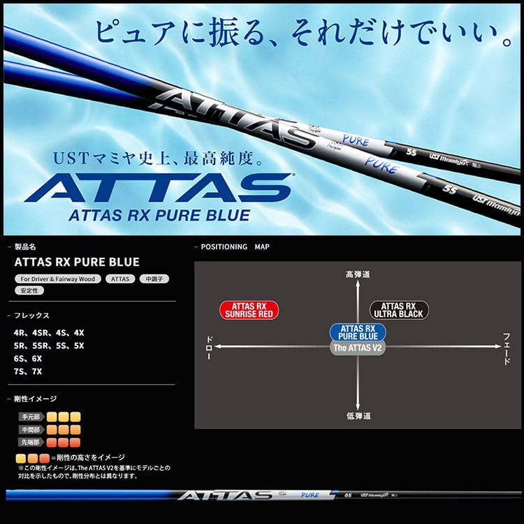 ATTAS ピュアブルー6S テーラーメイドスリーブ装着　装着時45.25相当 9月3日新発売】USTマミヤ ATTAS RX PURE BLUE キャロウェイ(純正)各種
