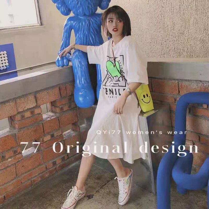 サマールーズラウンドネックドレス スカート 大きめサイズ 夏物 Oネック ミックスインファッション96177468999