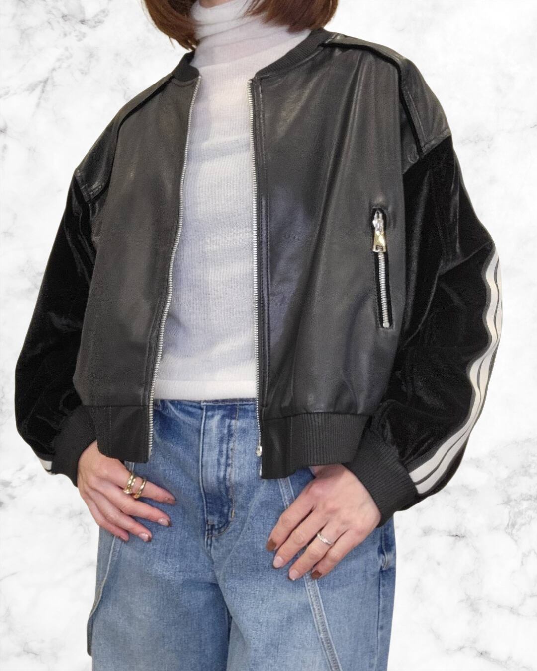 ベロア切替合皮ブルゾン 47200 ポリーヌブロー ブラック