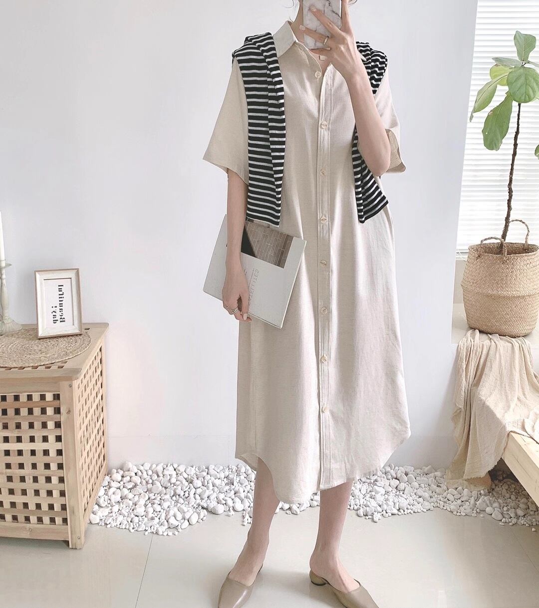 リネンブレンド　シャツワンピース　AJ33167-6103