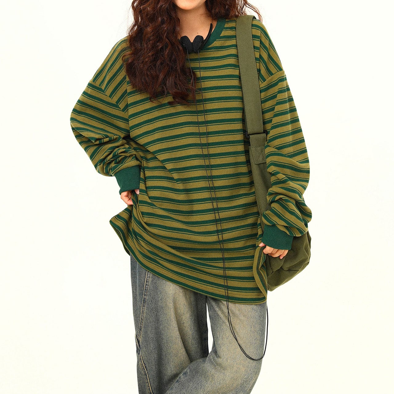 グリーンラフボーダーカジュアルロングTシャツ R00700