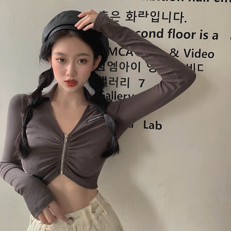 センスVネックパーソナリティジッパー長袖Tシャツ女性2020年秋新しいショートクロップドスリムトップインタイド ドラファッションホール10917726903