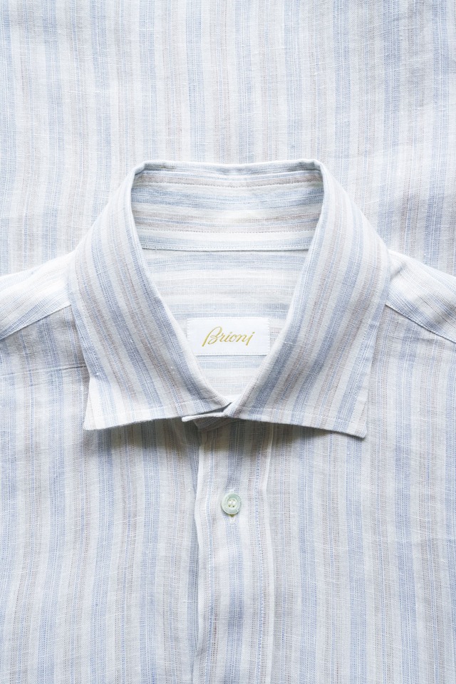 90's "Brioni" Stripe Pattern Pure Linen Due Bottoni Shirt Made in ITALY