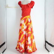 フラダンス 衣装 ALOHA STANDARDS アロハスタンダード ワンピース ドレス レッド系 日本製 フリル リボン ティアレ柄 レイ柄 かわいい 華やか 鮮やか 明るい 赤 黄 白 ハワイアン アロハ ハワイアンプリント フラ ダンス レッスン 練習