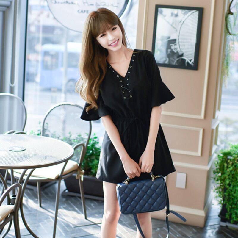 半袖 フレアスリーブ Vネック オールインワン