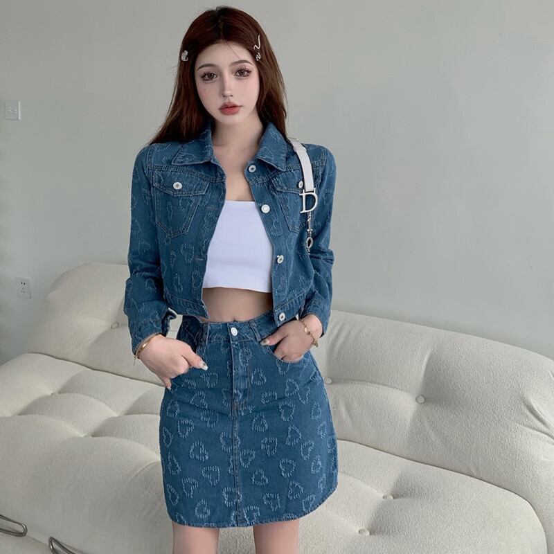 レッドオータムスタンダードプリント柄ジャケット ハイウェストウェストAラインスカート レトロ ストリート 秋物 ガールズファッション34445908654