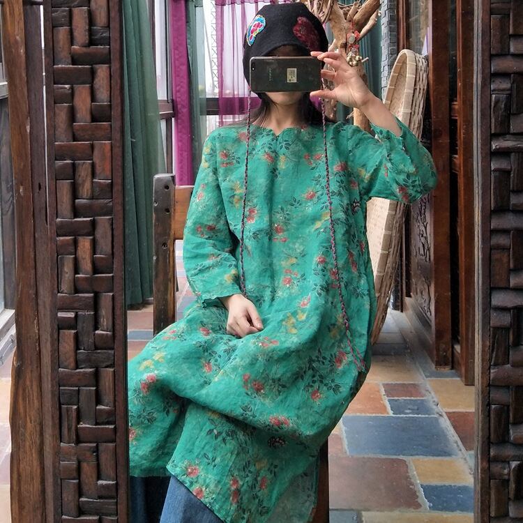 プリントスタンダードFlowerデザイン Vネックスリムドレス ロング レトロ フラワーデザイン Yiranxuaディースワード98534747197