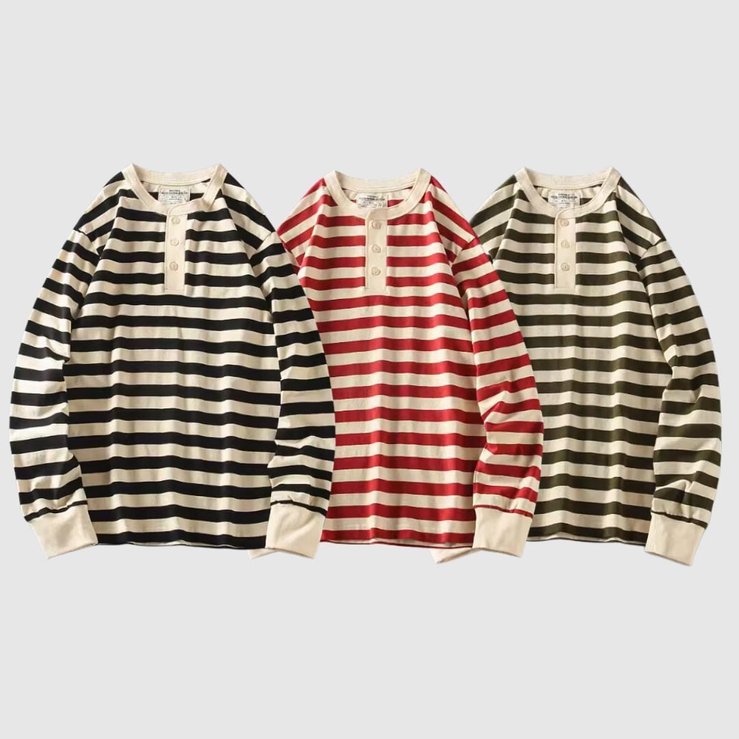 ヘンリーネックワイドボーダー長袖Tシャツ H2146