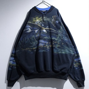 90s "ART UNLIMITED" Black Eagle Landscape All-Over Print Design Henley Neck Sweat