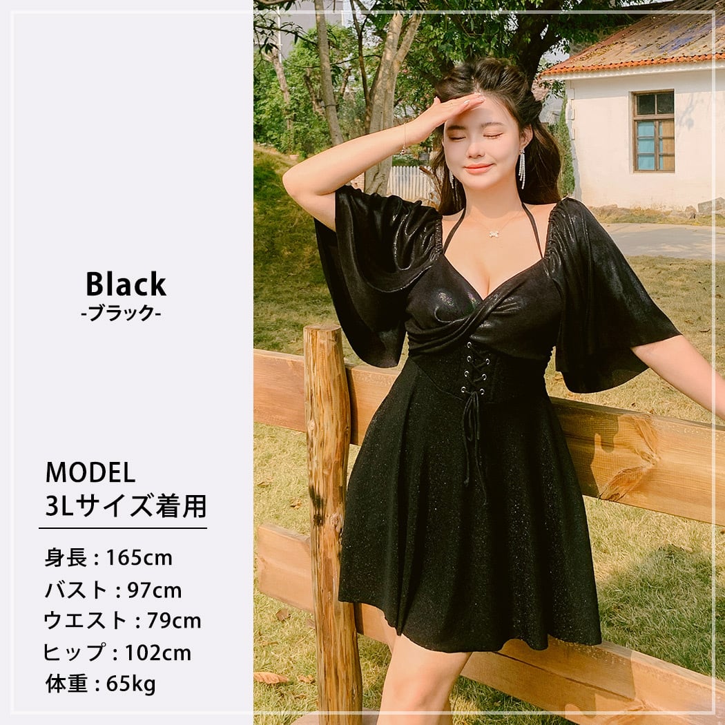 宅配便】シャイニーレースアップワンピース プラスサイズ 宅配便】シャイニーレースアップワンピース プラスサイズ