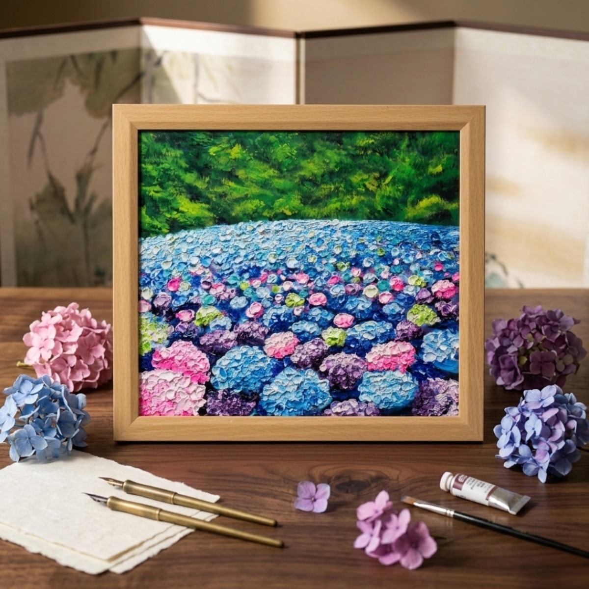 油絵 原画】雨雫が奏でる色彩のワルツ｜紫陽花 あじさい アジサイ 梅雨