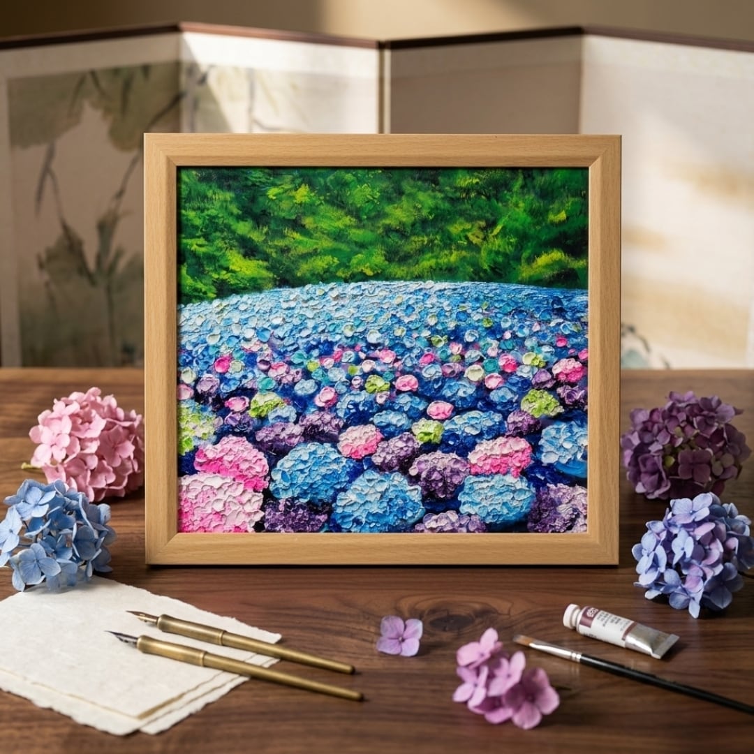 油絵 原画】雨雫が奏でる色彩のワルツ｜紫陽花 あじさい アジサイ 梅雨
