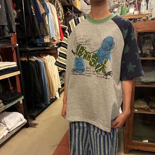 TOPANGA Lady's Telephone Graphic Asymmetric Sleeve T-Shirt 　テレフォングラフィックアシンメトリースリーブTシャツ　グレー　2サイズ　半袖Tシャツ　キャット　ドッグ　犬　猫　イヌ　ネコ　ユニセックス