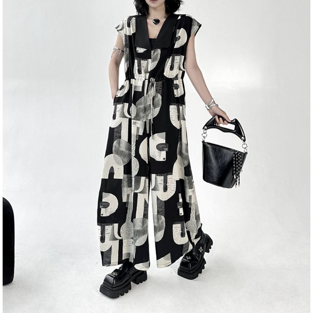 Abstract pattern sleeveless wide leg jumpsuit C1091