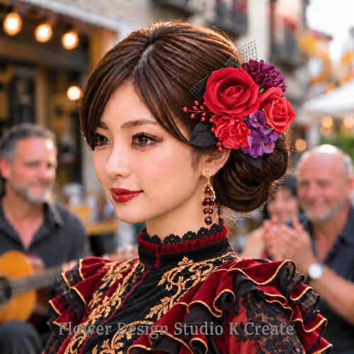フラメンコ髪飾り 赤薔薇と紫のマムと紫陽花のフラメンコ髪飾り｜ブーケ風フローレス 舞台 発表会　ライブ　イベント