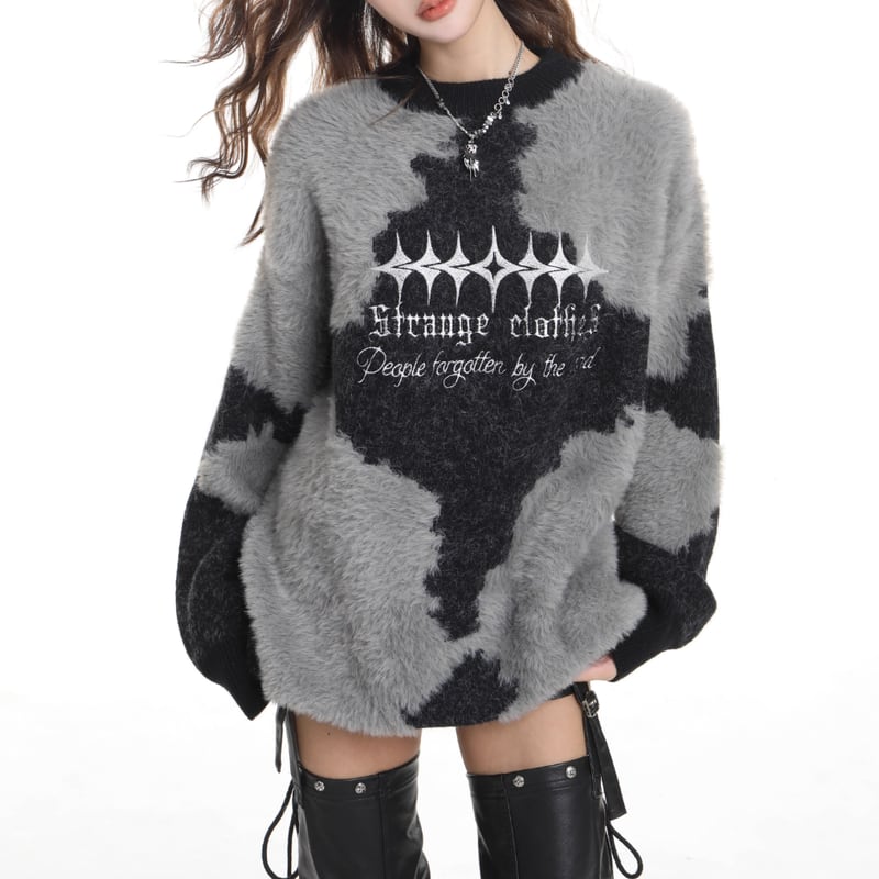 oversized mohair crew neck patterned pullover la1338