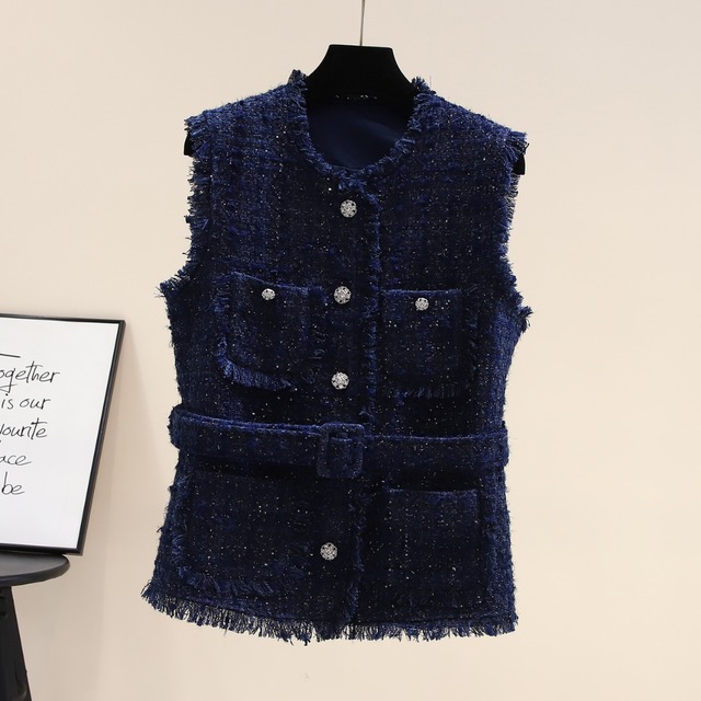 ボタンフロント ベルト付き フリンジ ノーカラージレ　JC0098