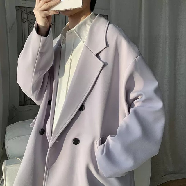 【韓国メンズファッション】オーバーサイズ ダブルブレスト ジャケット シック カジュアル シンプル 無地 アウター BW2416