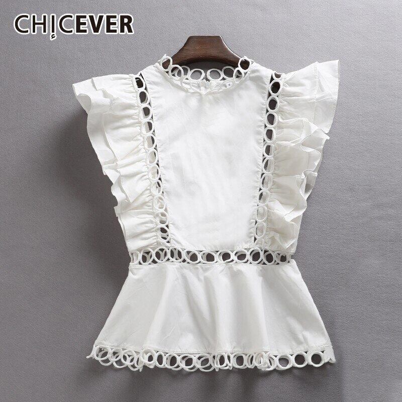 CHICEVERフリルノースリーブ中空アウトシャツパッチワークドレス女性中空ウエストブラウス女性トップス2020 ラッフル 6base583795746984