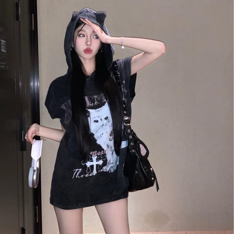 美品【シヴァーライズ】ゆったり キャットビッグパーカー 黒：レディース/V系