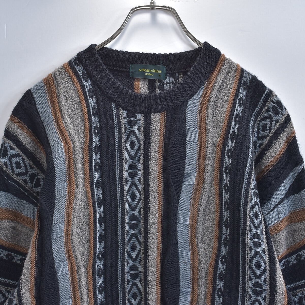 90~00s 日本製 Artemodena 総柄 3D 立体デザイン プルオーバーニット セーター ジャパンヴィンテージ クージー風 ビンテージ メンズLサイズ