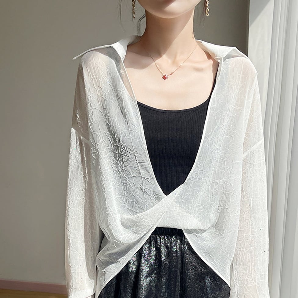 sheer cross hem tops / l0558