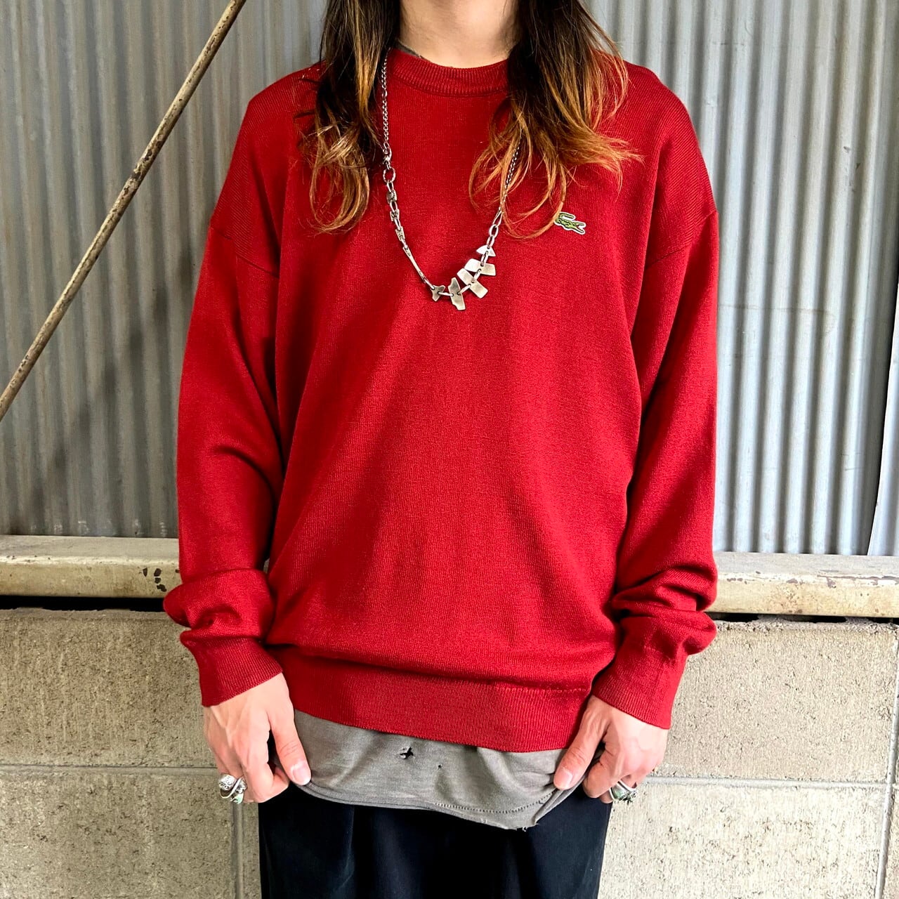 80年代 ラコステ クルーネック ウール アクリルニットセーター メンズL