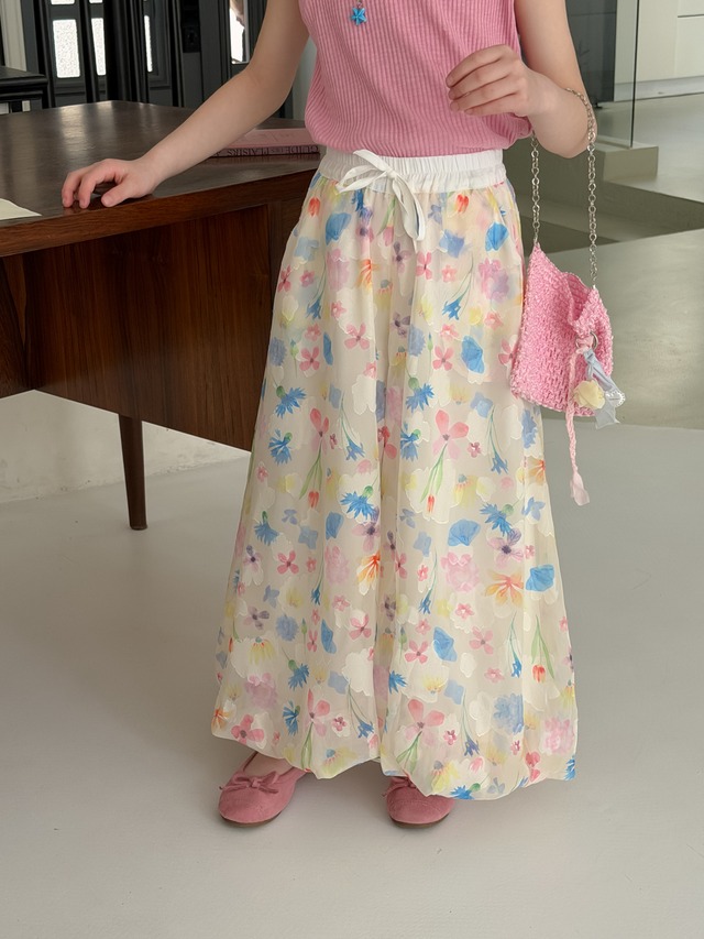 【KID】フラワー総柄ウエストリボンワイドロングパンツ - 9