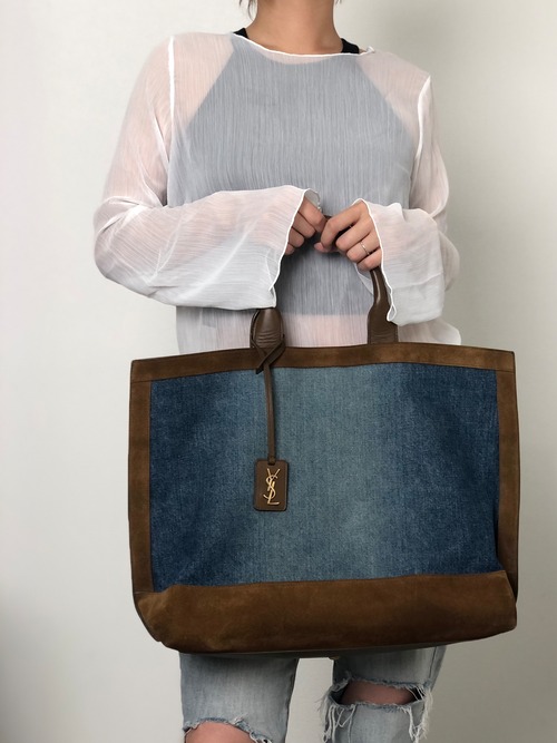 Yves Saint Laurent イヴ・サンローラン ハンドバッグ インディゴ×ブラウン YSL キャンバス×スウェード トートバッグ vintage ヴィンテージ オールド tgpnxk