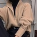 2色 トップス レディース ニット ジャケット スタンドカラー ック 無色 リブ 長袖 萌袖 シンプル 大人カジュアル アウター クール こなれ感 ラフ 抜け感 かっこいい ファッション 通学