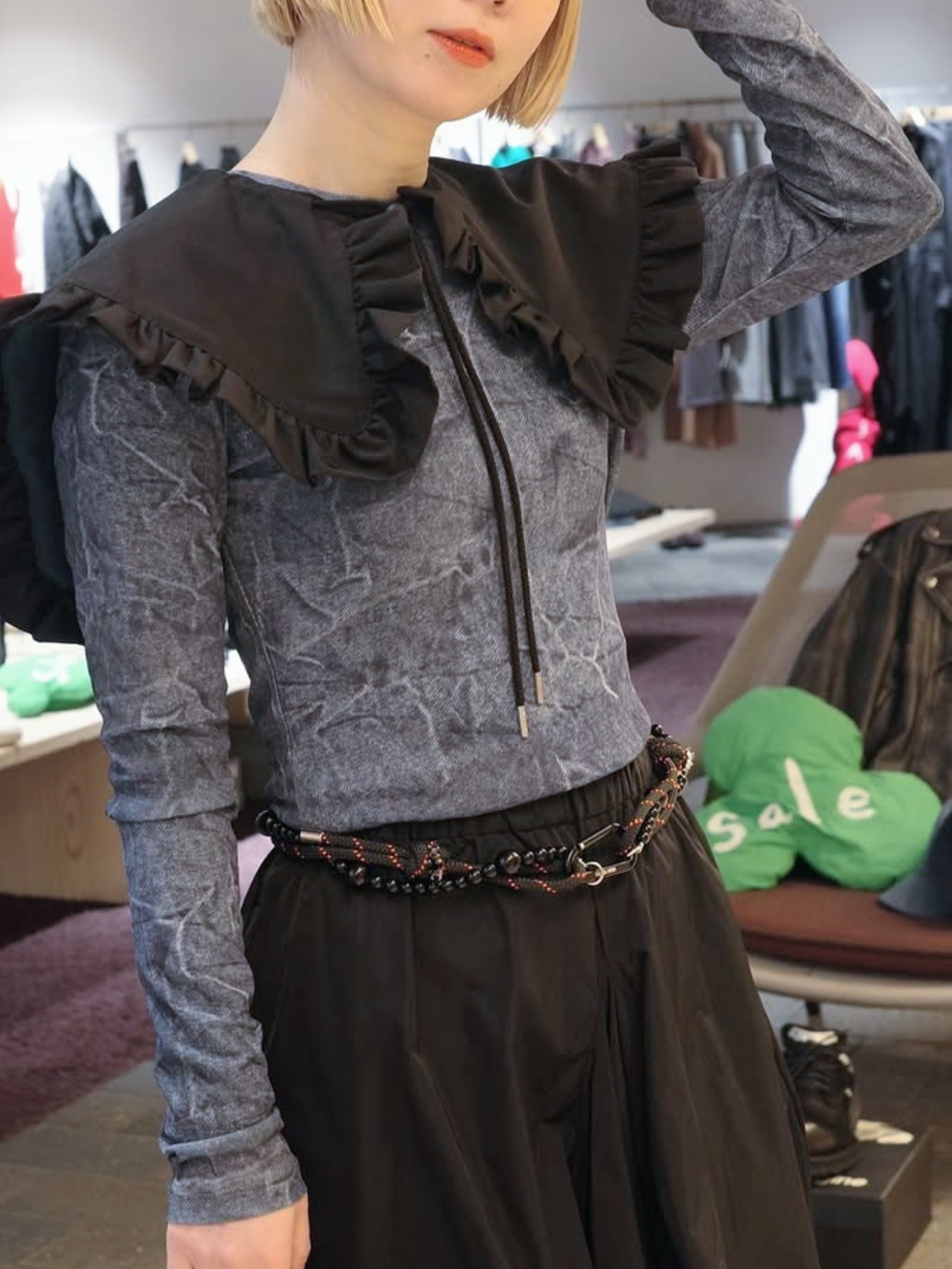 【25SS】GANNI ガニー / BLUE PRINTED MESH LONG SLEEVE BLOUSE  / トップス - 1