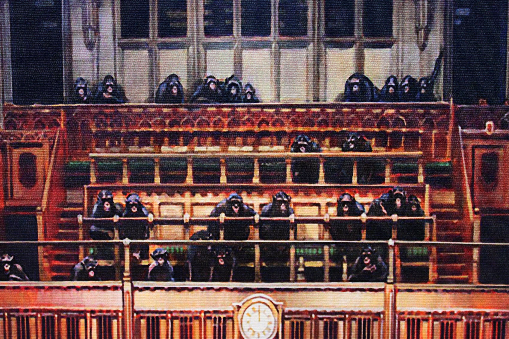 バンクシー「モンキー パーラメント/Monkey Parliament」展示用フック付きキャンバスジークレ