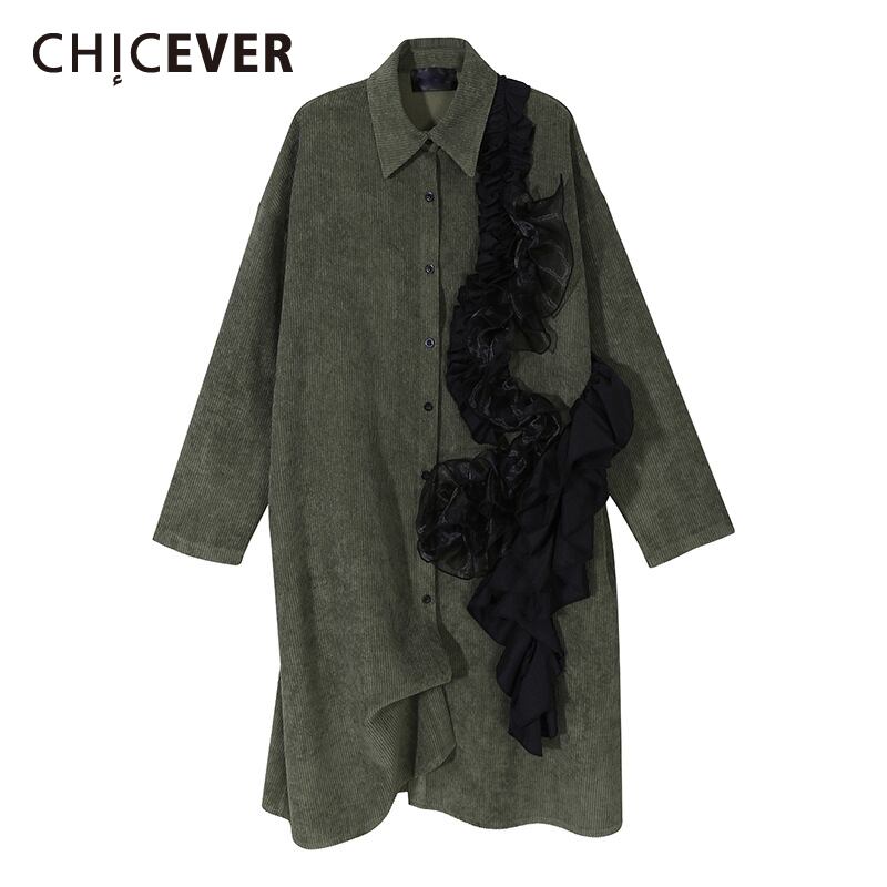CHICEVERコーデュロイドレスレディースラペル長袖パッチワークメッシュフリル特大グリーンドレス2020 ロング ラッフル 6base582030066931