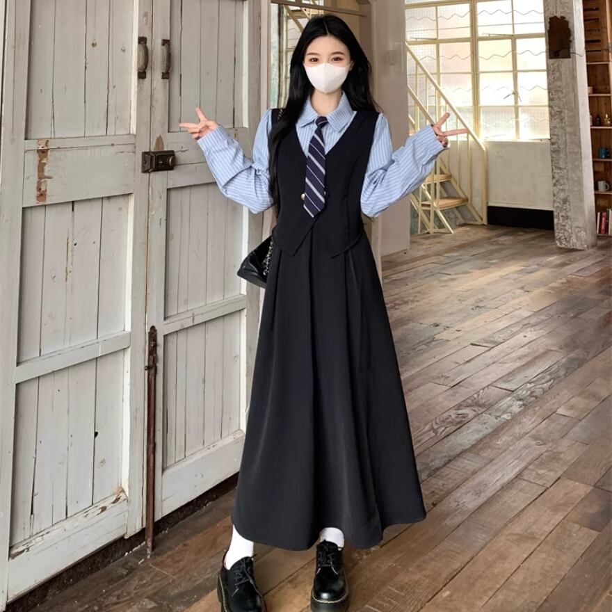 クラロリ フェイクワンピース ネクタイ付き 学園風 ロングスカート
