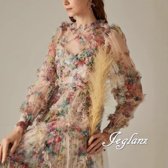 ボタニカル柄 パーティ 長袖 ティアード ワンピース 肌透け 2色(MB544)ζ☆