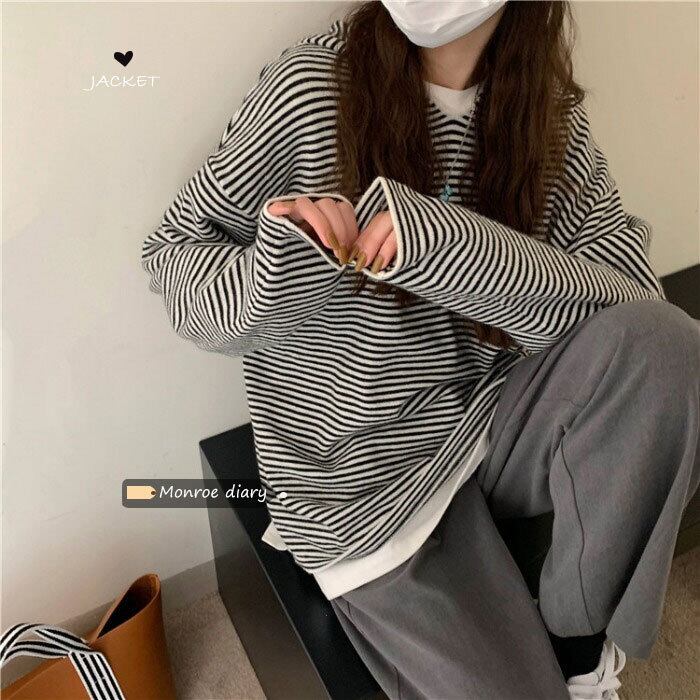 スタイルセーター ストライプニットスプリングフードトップス ロング 春物 モンロー12367843532