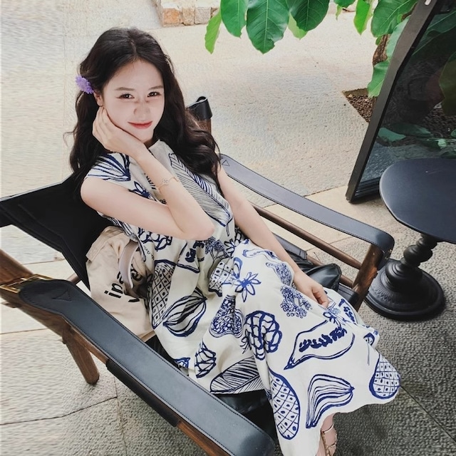 フルーツペインティング ノースリーブ ロングワンピース ホワイト/ブルー OP00392 フルーツペインティング ノースリーブ ロングワンピース ホワイト/ブルー OP00392