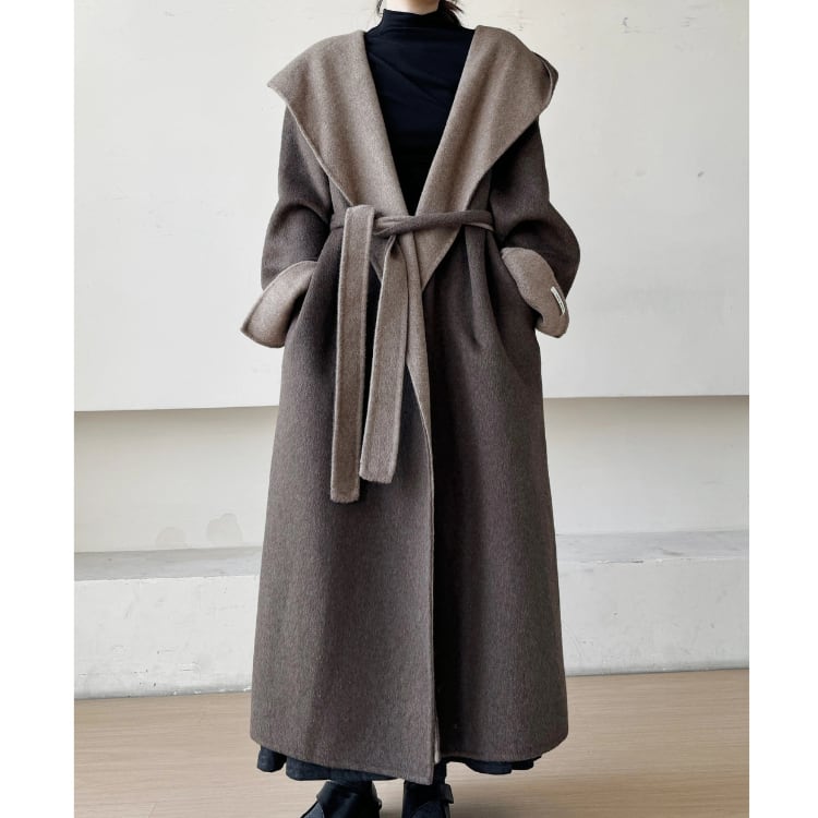 ロング丈 バイカラー フード付き コート ◆2col R30244