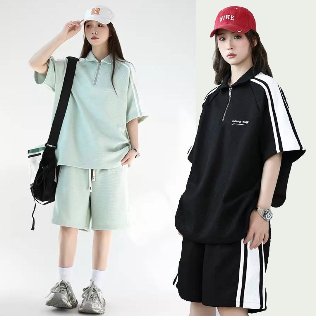 ハーフジップ セットアップ 上下セット ポロシャツ 夏服 韓国 ジャージ セットアップ レディース 半袖 トップス ハーフパンツ