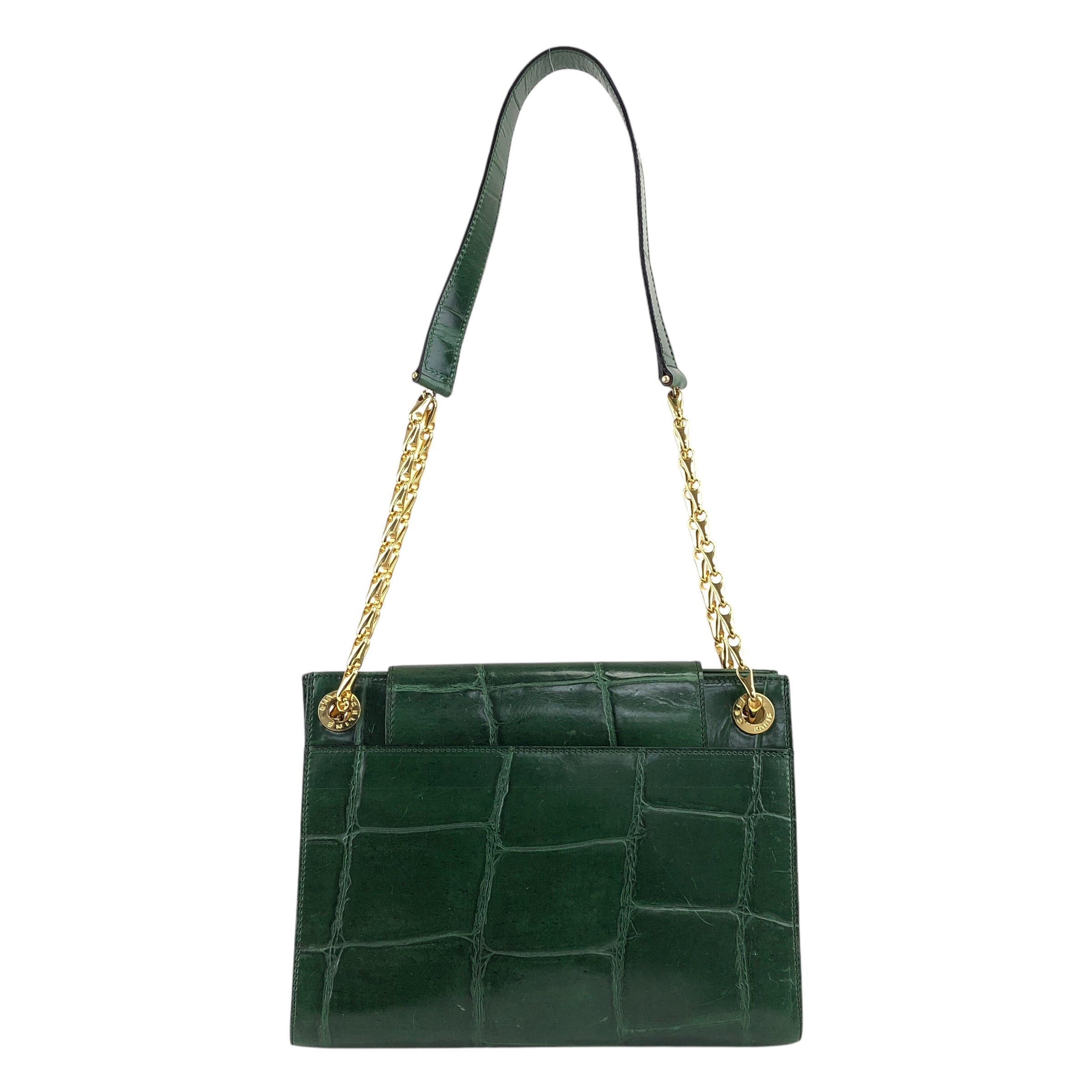 CELINE セリーヌ ショルダーバッグ グリーン レザー クロコ型押し