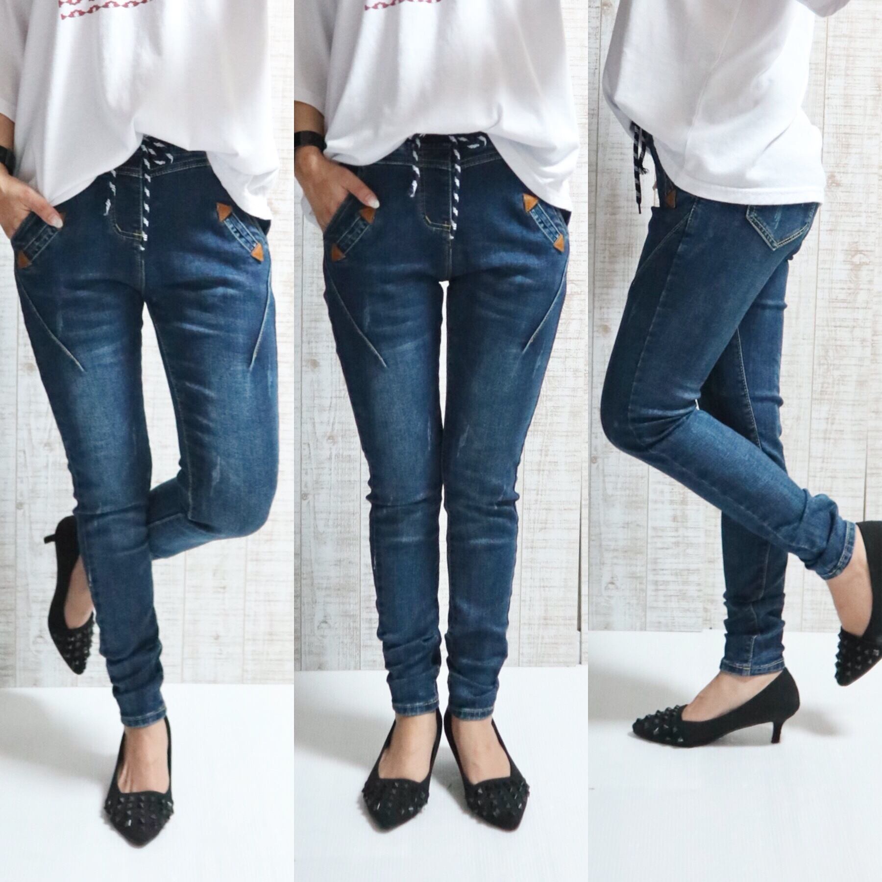 〈即納&予約〉レザーポイントストレッチデニムパンツ【Indigo】