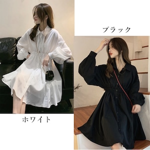 ワンピース 長袖 レディース 春夏秋 韓国 シャツワンピース きれいめ 大人 かわいい フェミニン シンプル ボリュームスリーブ おしゃれ 大人可愛い 大人女子