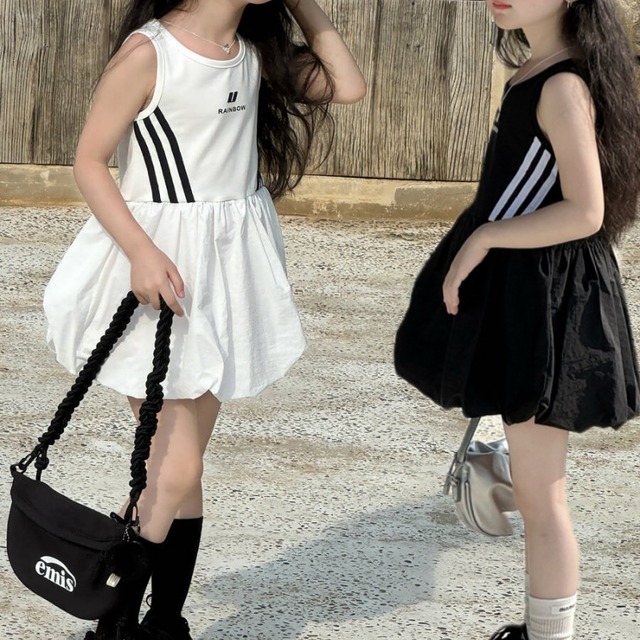 【2025夏】韓国風 女の子綿95% スポーツワンピ ノースリーブ 花苞デザイン夏 おしゃれ 子供服