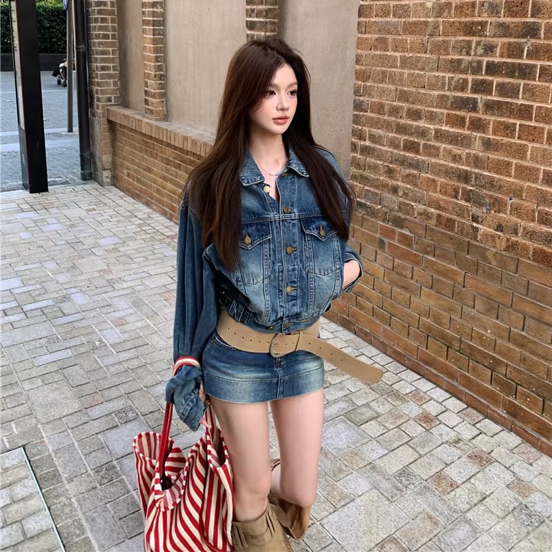 【set】デニムジャケット×ベルト付きデニムミニスカートセット Q8372