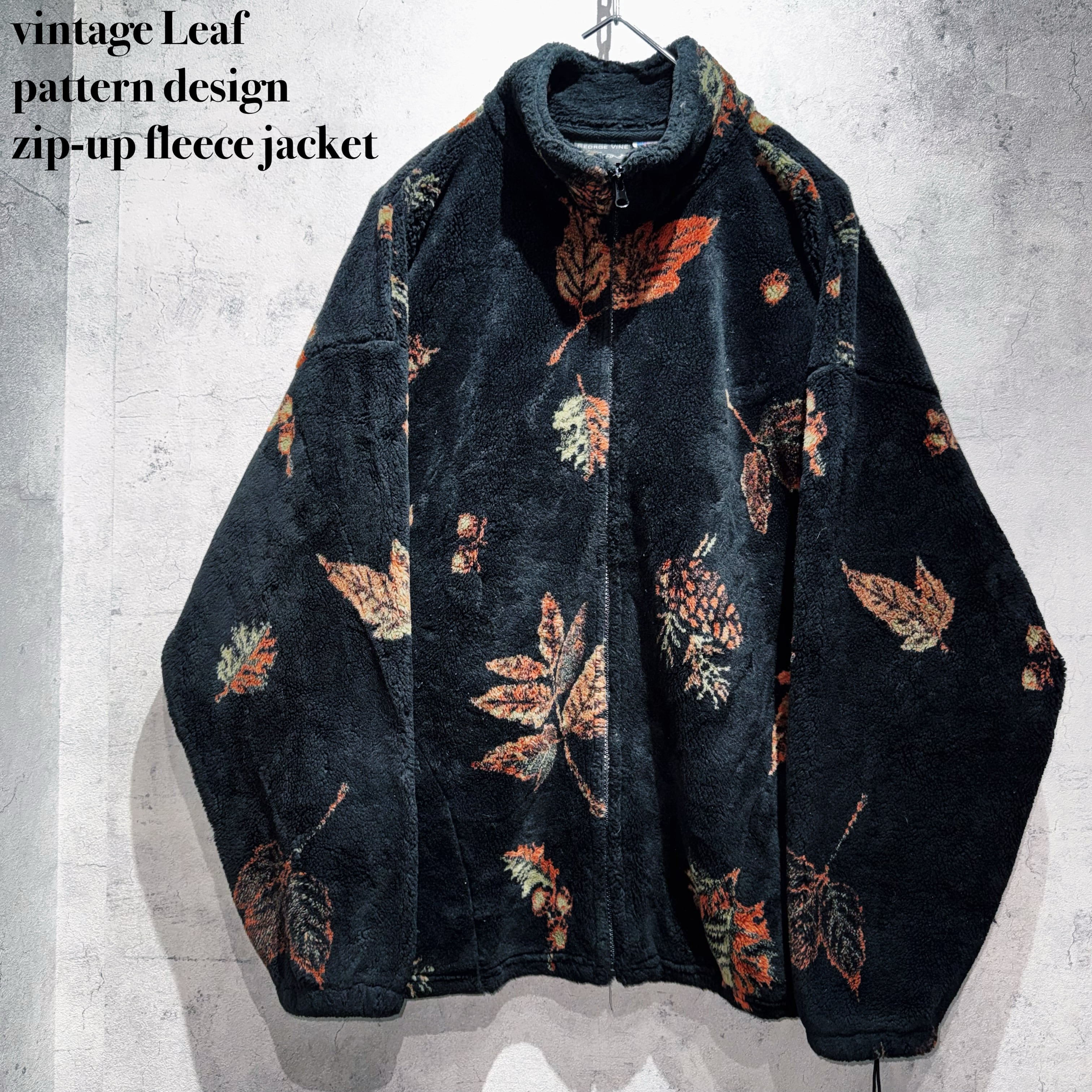 vintage Leaf pattern design zip-up fleece jacket
